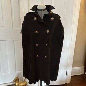 Black Military Style Gold Tone Button Front Cape with Pockets XS